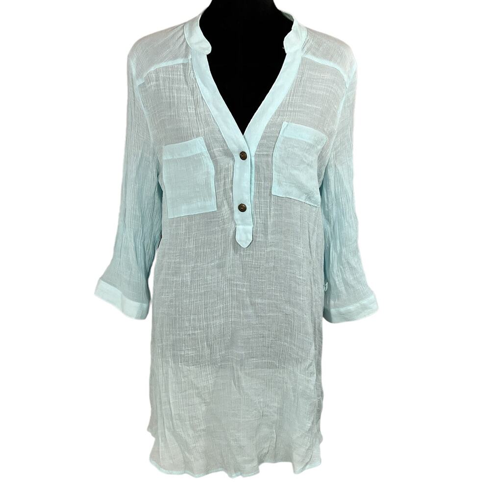 Iz Byer Henley Gauzy Crepe Tunic Top Blouse 3/4 Roll Tab Sleeve Light Blue XL